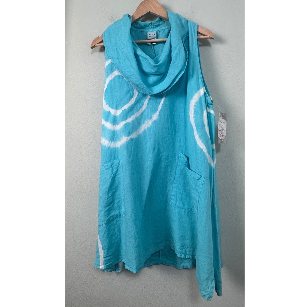 Match Point USA Turquoise Linen Tie Dye Cowl Neck Dress Size XL Lagenlook *Flaw*